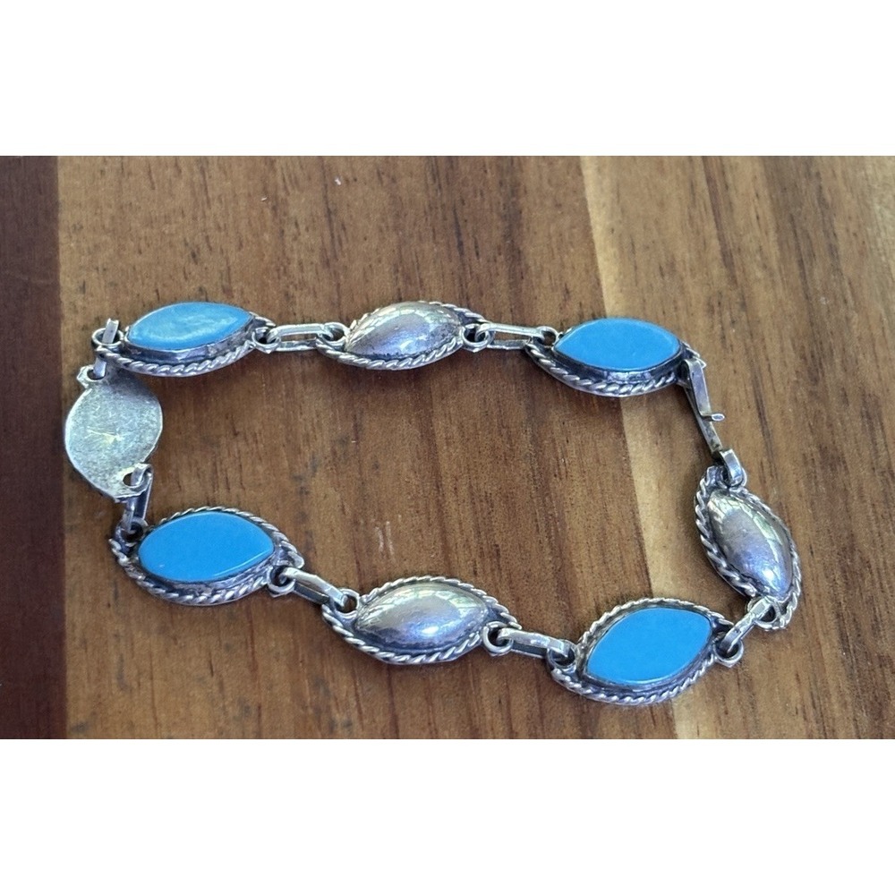 Vintage Sterling Silver Turquoise Taxco Bracelet 6.75"
